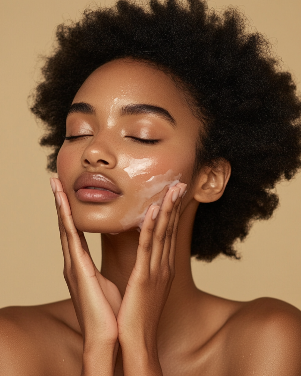 Model holding JGSS Derma Renewal Duo gift box demonstrating skincare routine