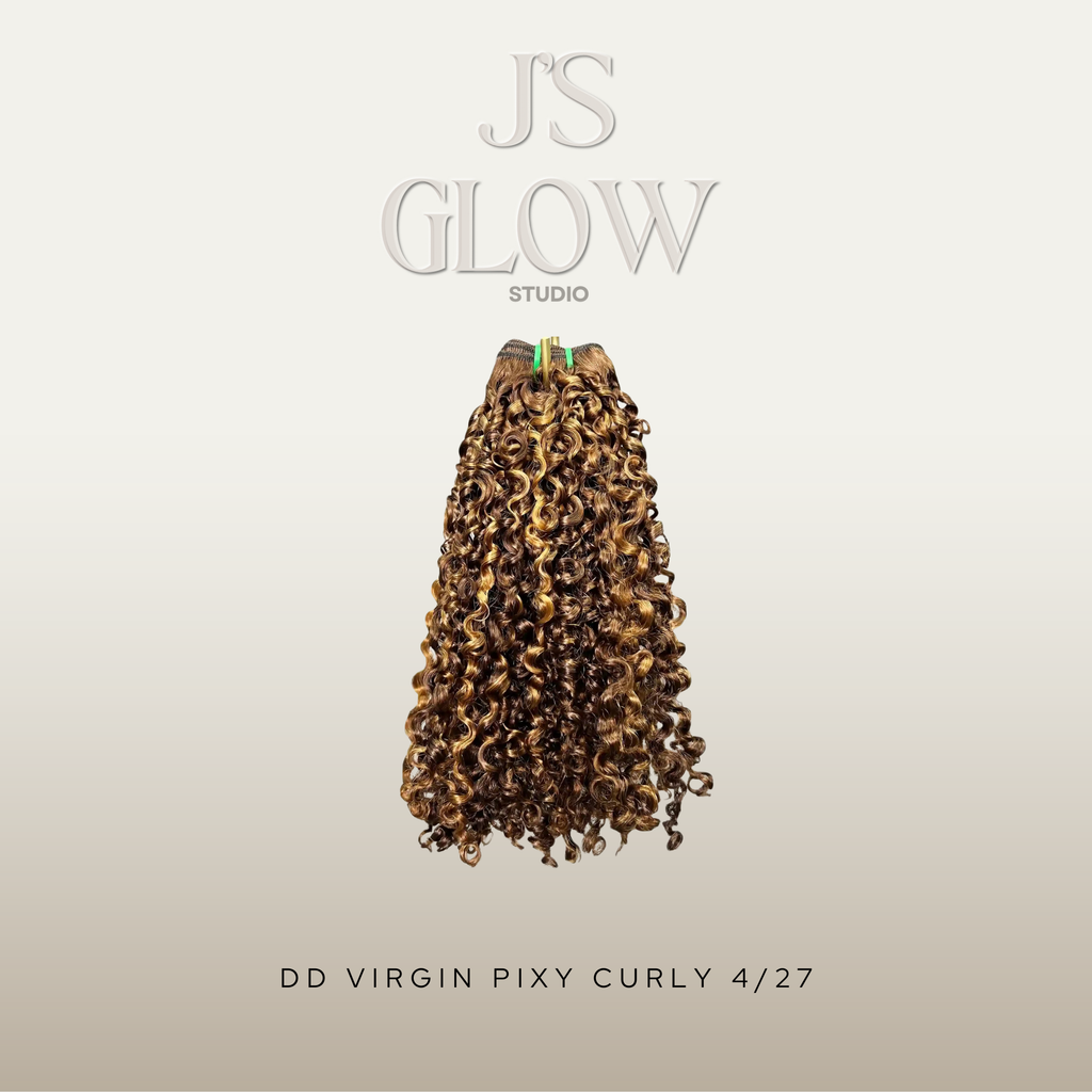 Short virgin hair pixie curls in 4/27 color blend, offering a natural-looking, voluminous style