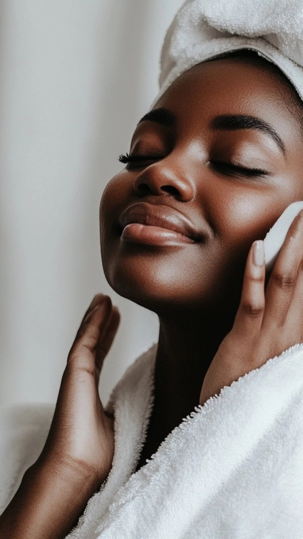 Model gently applying JGSS BiPhasic Make-up Remover Fragrance Free to her skin, showcasing its gentle, fragrance-free formula for effective makeup removal.