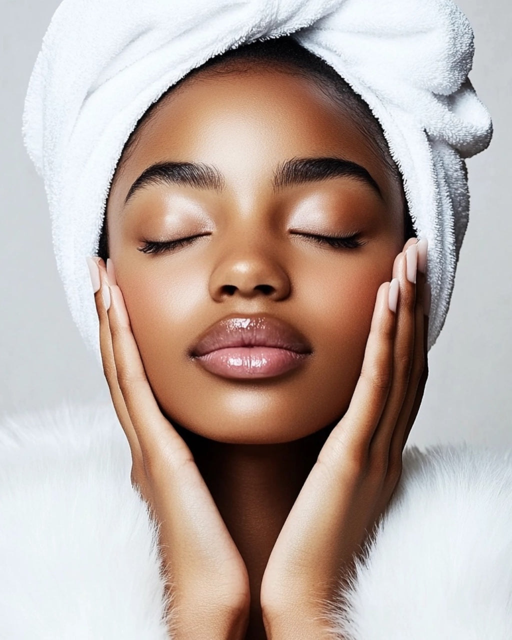 Model with rich, glowing skin showcasing natural melanin and radiant, even-toned complexion