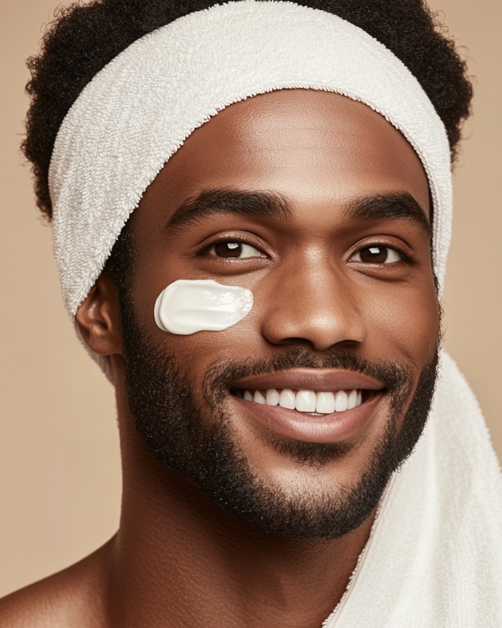 Male model applying JGSS 3-in-1 Eye Cream under his eyes for refreshed, youthful skin