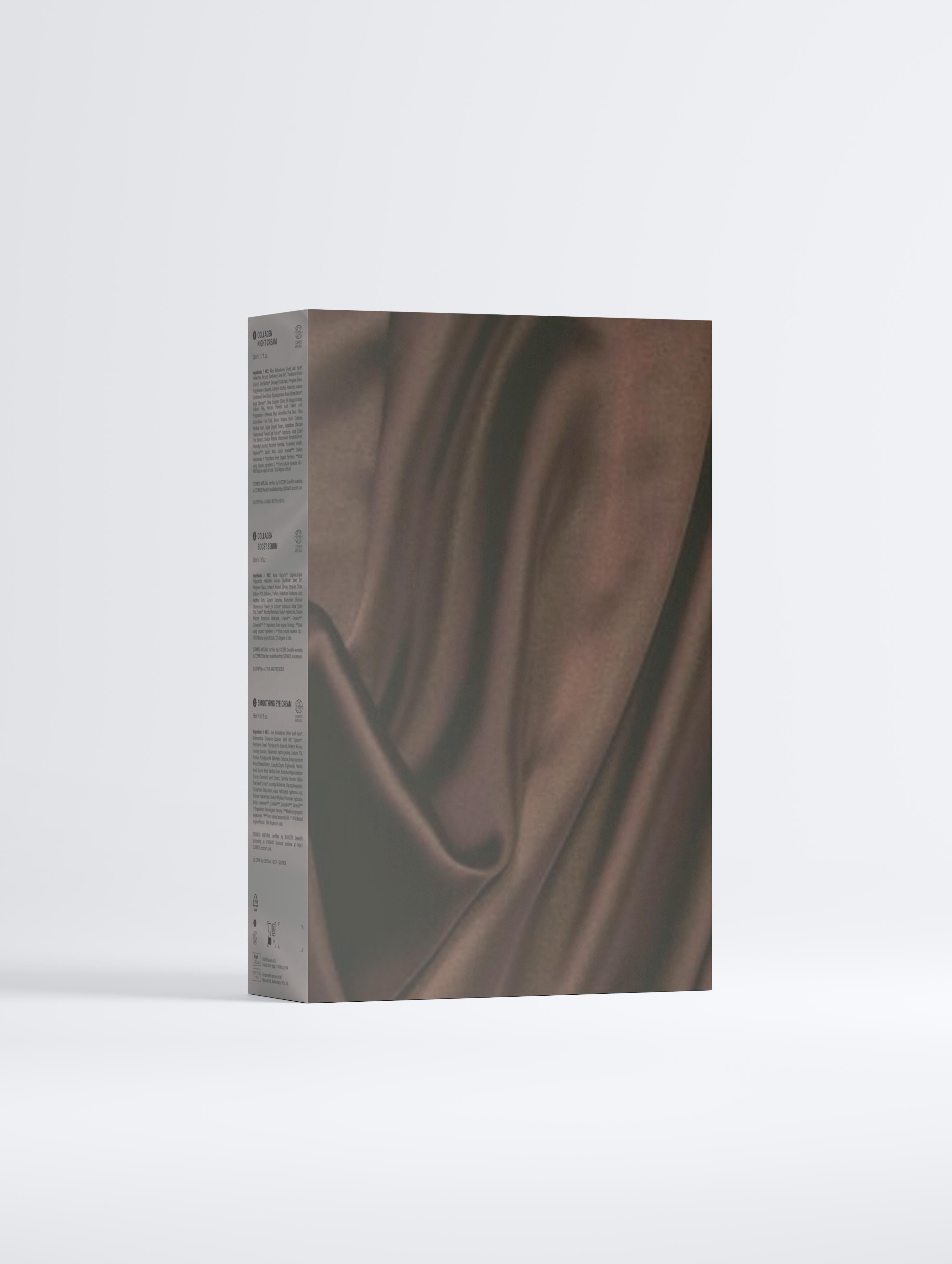 Luxury collagen night skincare set from Jireh’s Glow Studio, featuring cleanser, serum, and moisturizer