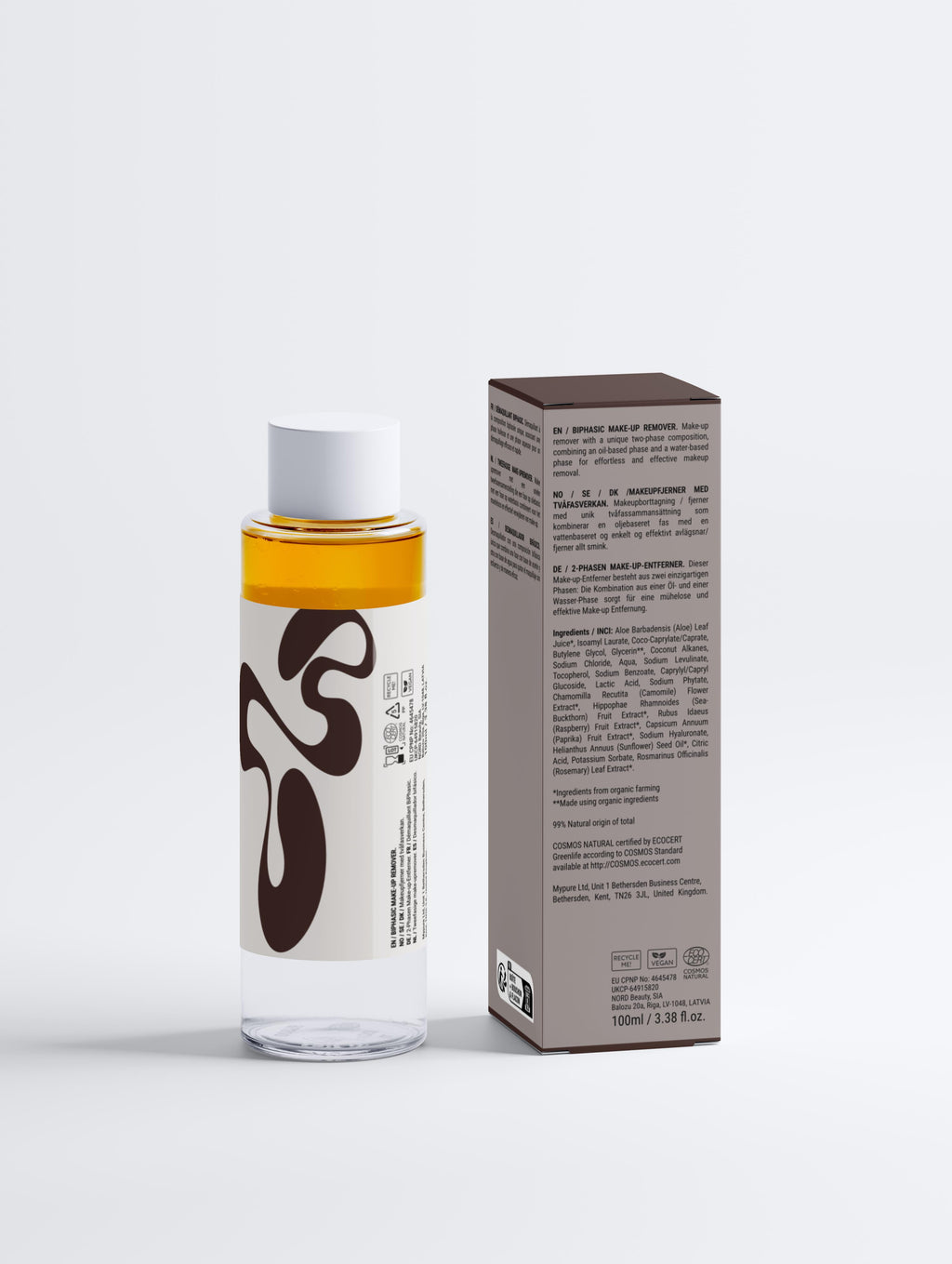 Clear bottle of JGSS BiPhasic Make-up Remover designed for mild removal of waterproof makeup.