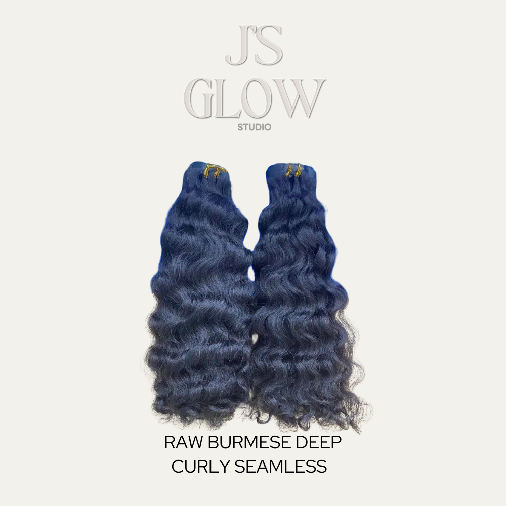 Raw Burmese Deep Curly Seamless Clip-Ins from Jireh’s Glow Studio with tight deep curls, premium raw human hair, and a natural seamless blend