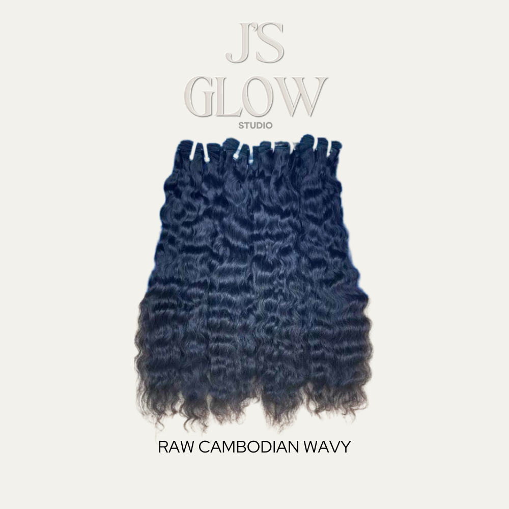 Raw Cambodian wavy hair bundles with natural waves, fullness, and rich texture from Jireh’s Glow Studio.