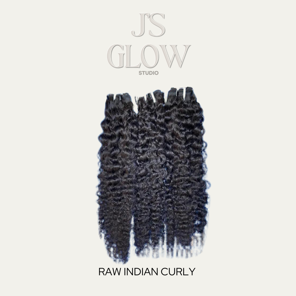Raw Indian Curly Bundles with defined curls, natural volume, and soft texture from Jireh’s Glow Studio.