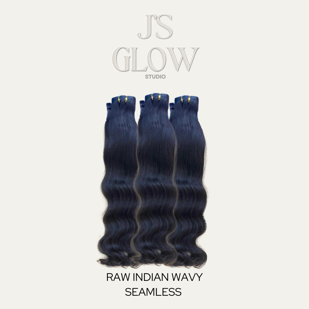 Jireh’s Glow Studio Raw Indian Wavy Seamless Clip-Ins made from premium raw human hair with soft waves and a natural, seamless blend.”