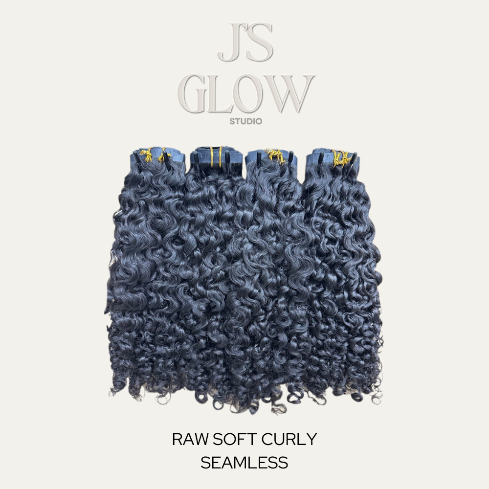 Jireh’s Glow Studio Raw Soft Curly Seamless Clip-Ins with soft, bouncy curls, premium raw human hair, and a natural seamless blend. 2 sets recommended for a full look