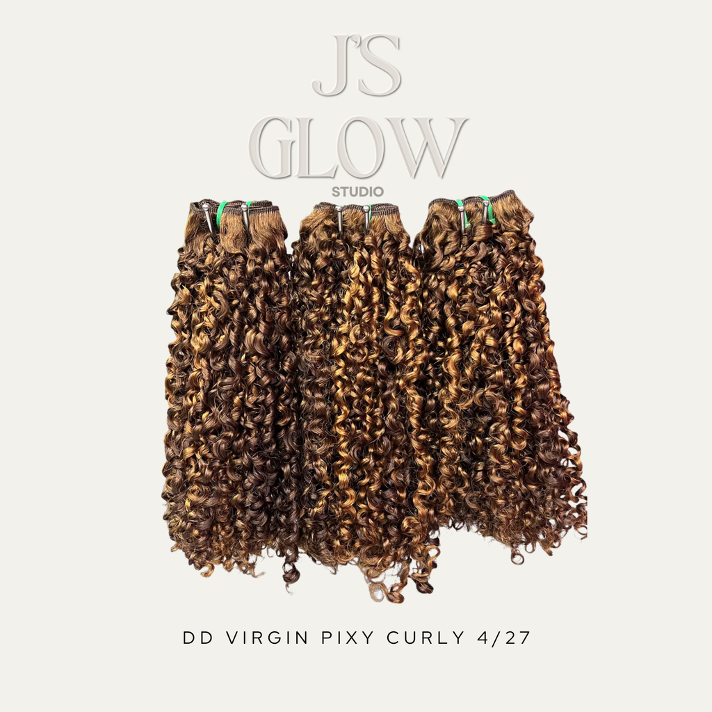 DD Virgin Pixie Curls in color 4/27 – short pixie curls made from 100% virgin hair with a natural shine.